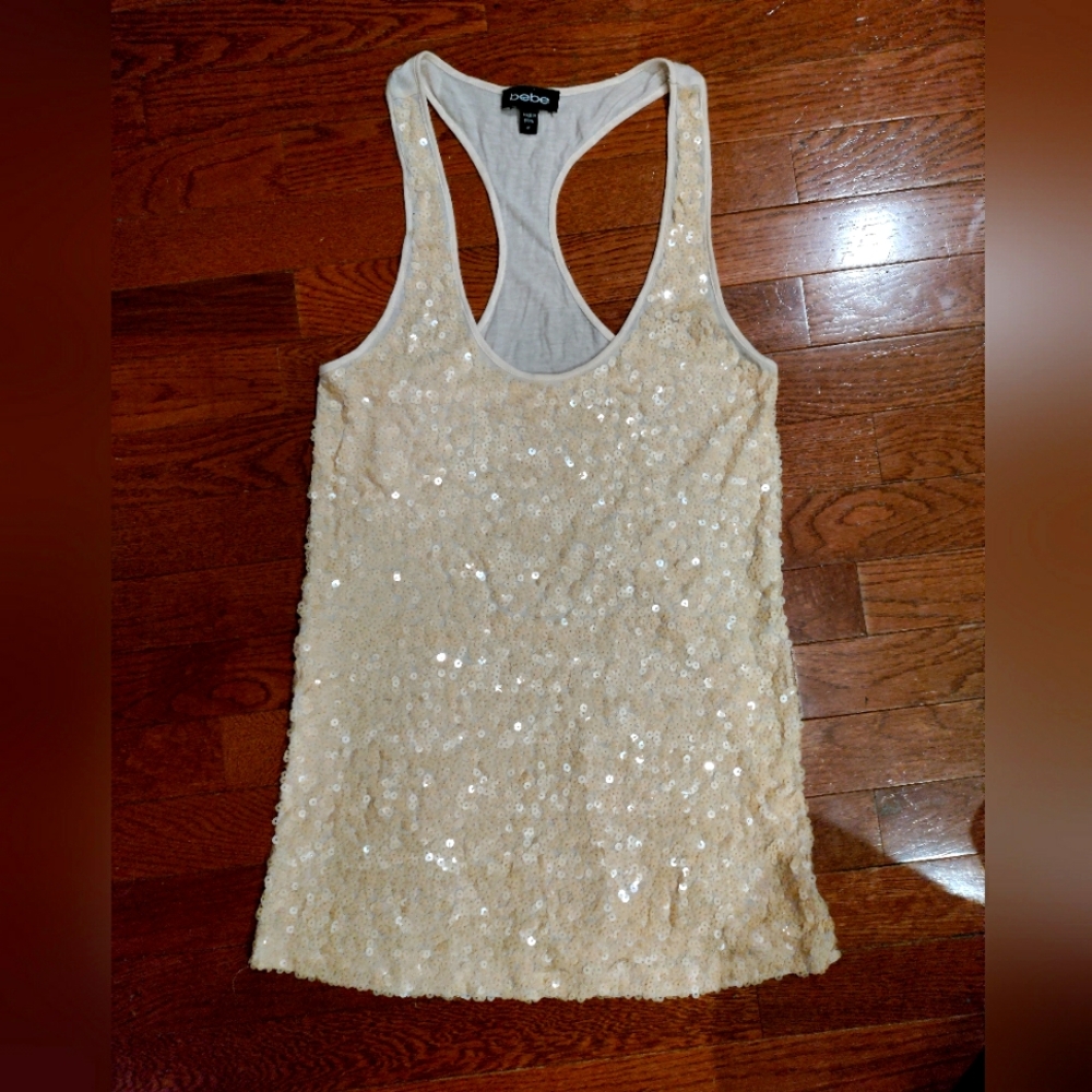 Bebe Sequin Racerback Tank Top in Cream